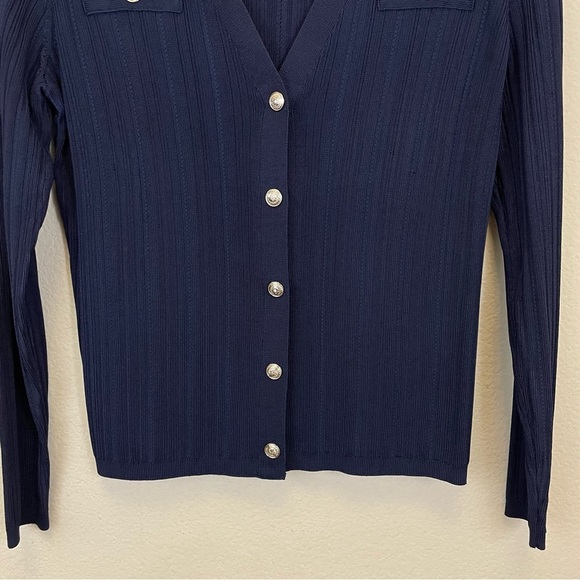 White House Black Market Navy Slinky Long Sleeve Snap Front Cardigan Size M - Picture 8 of 14